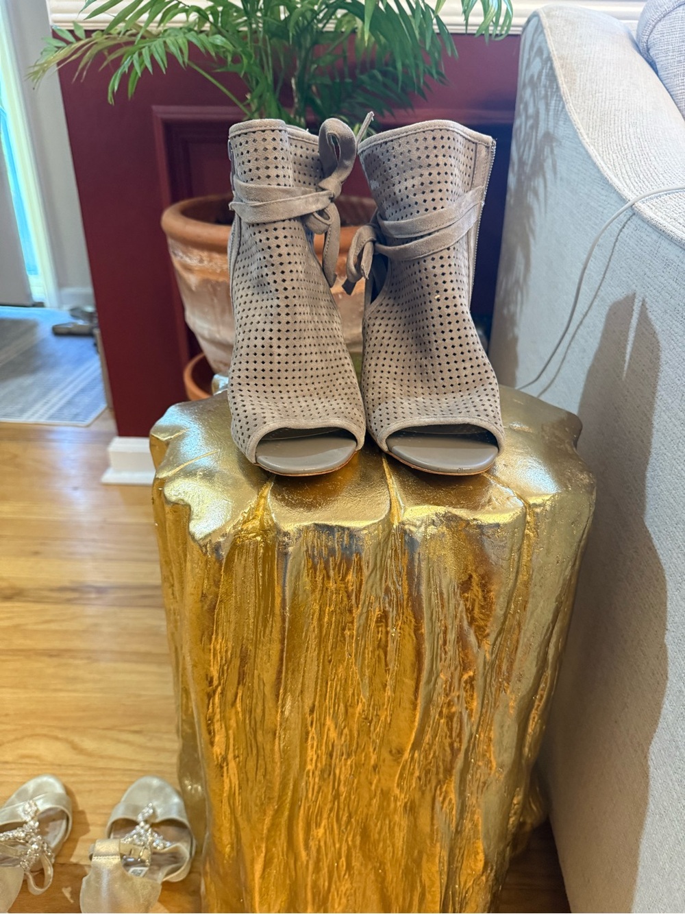 Sam Edelman Taupe Perforated Peep-Toe Tie-Front Booties
